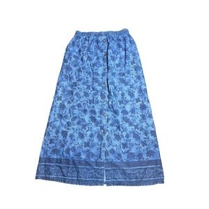 New Look Blue Denim Floral Maxi Skirt Button Front Elastic Waist Medium